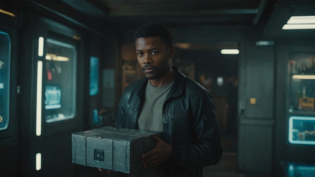 A person wearing a dark leather jacket and a gray shirt stands in a dimly lit room, holding a large, metallic box with both hands. The room has futuristic equipment and screens on the walls, creating a high-tech atmosphere.