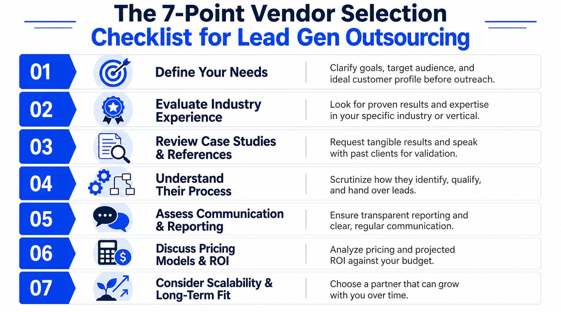 A checklist infographic outlining seven essential steps for selecting a vendor for lead generation outsourcing.