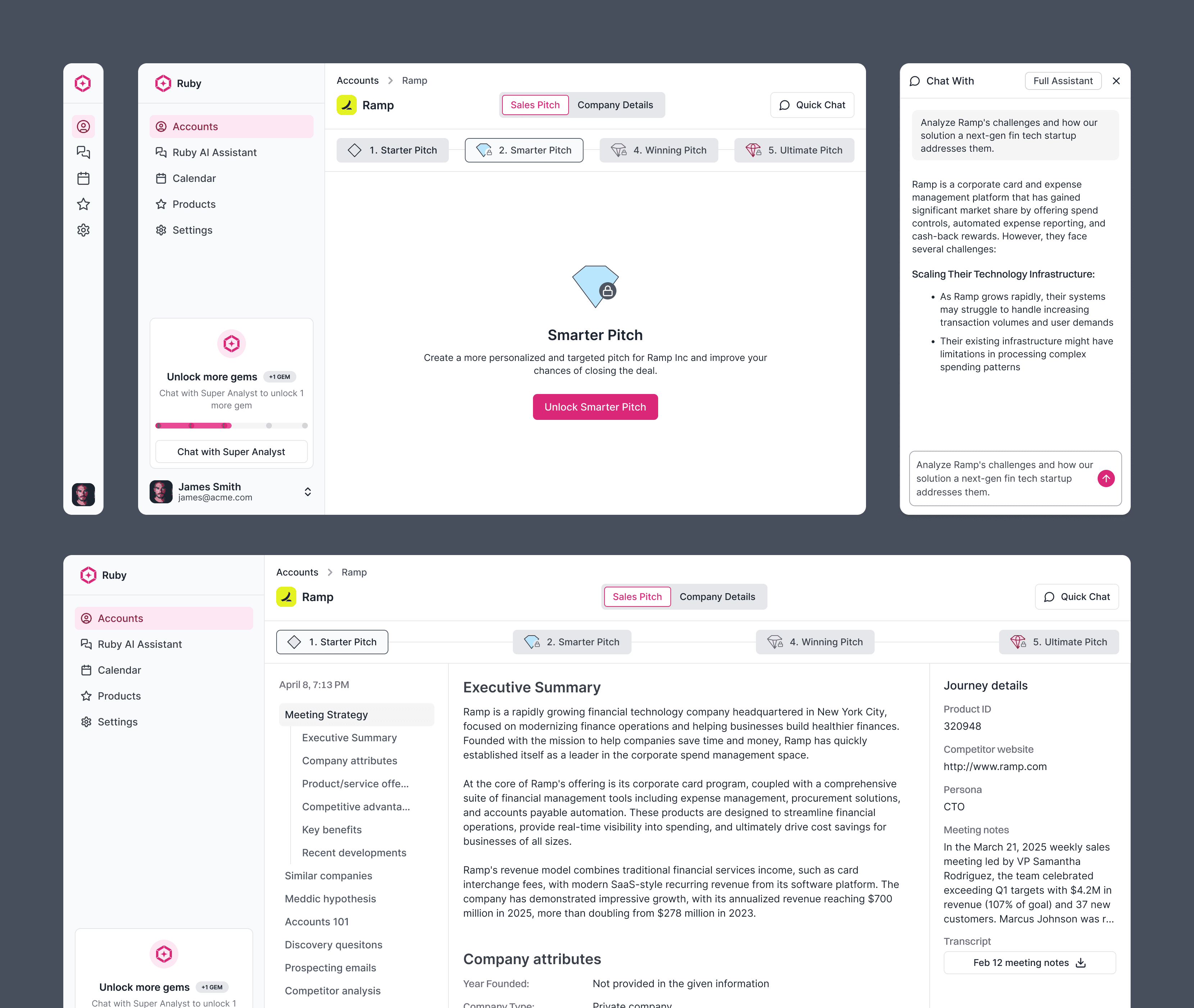 Dasbhoard Design for Ruby AI. An AI pitch platform.