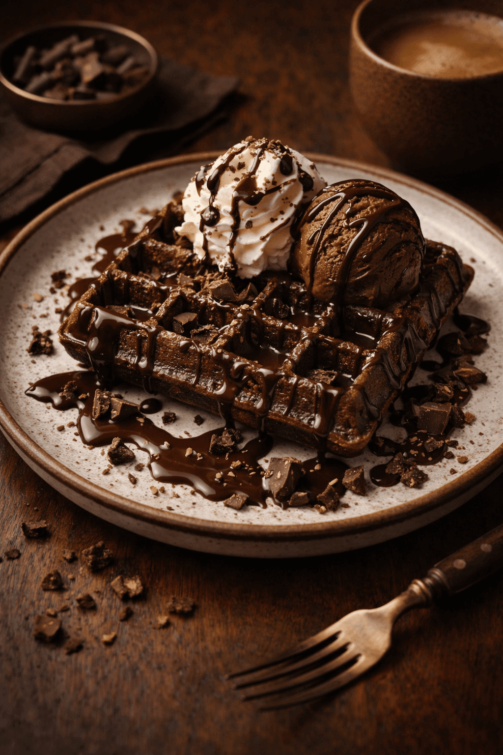 Chocolate waffle topped with whipped cream and chocolate shavings served on a plate beside a cup of coffee.