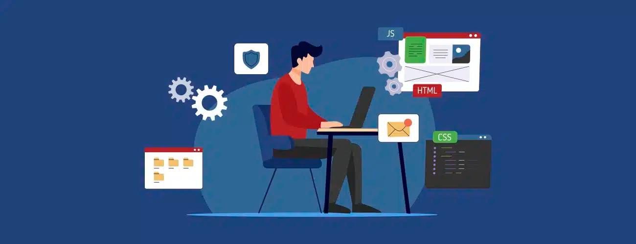 A character man sitting at a desk with marketing icons