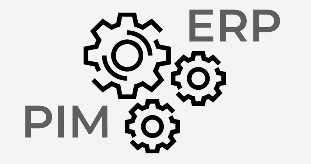 Interlocking gears labelled PIM and ERP, showing how both systems work together with Shopify