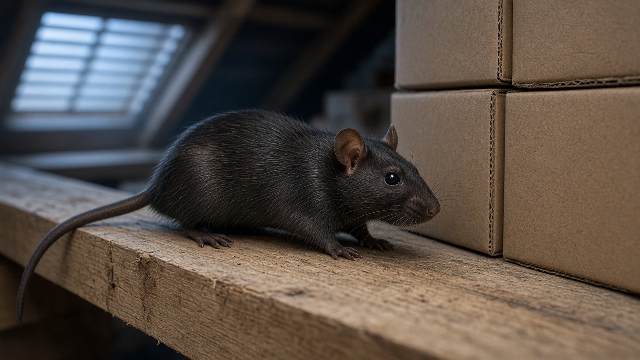 Dark roof rat perched on an attic rafter beside stored boxes, a sign roof rats are living rent-free in a McKinney, TX home