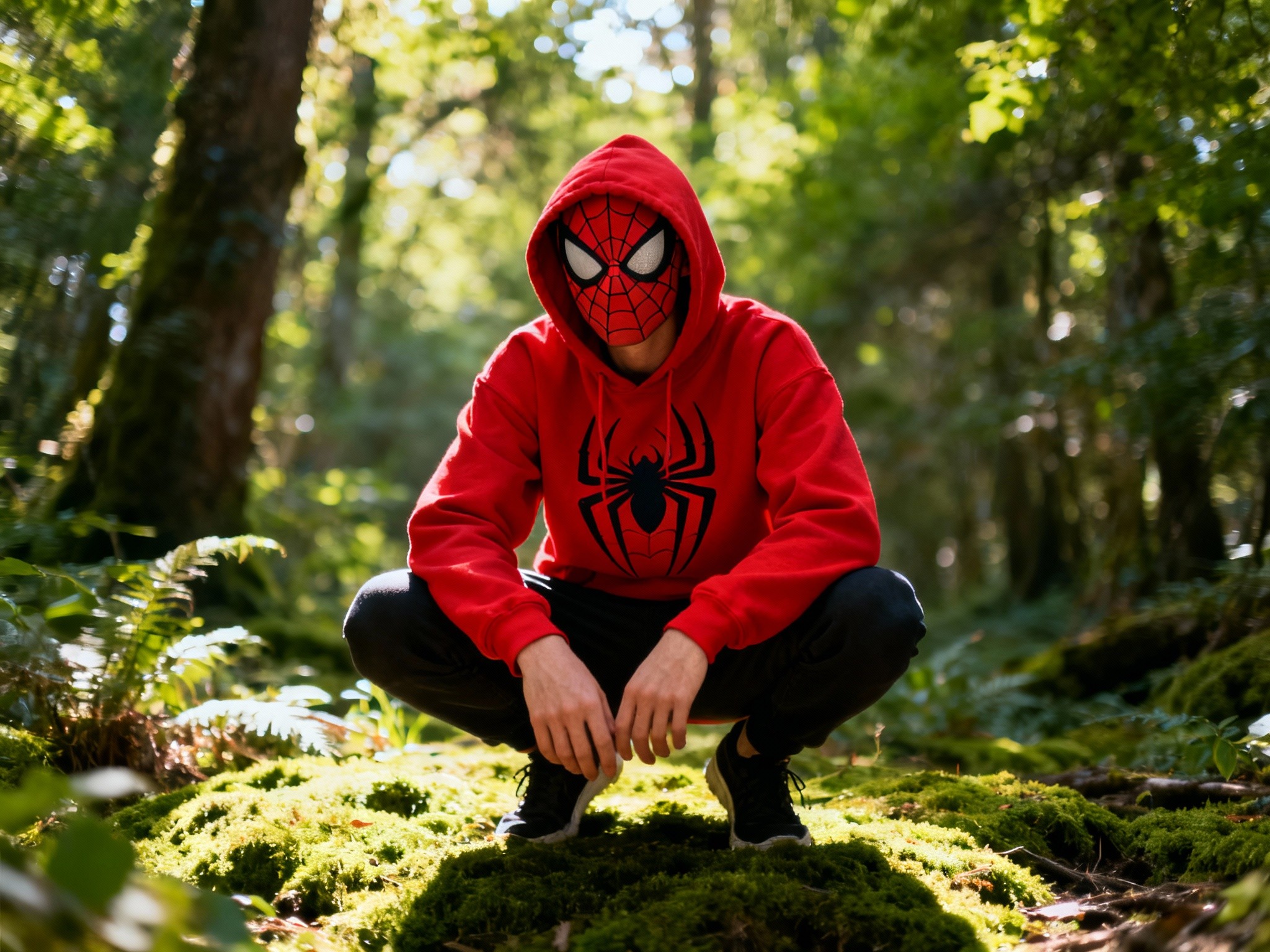 An editorial-style outdoor portrait of a model in a vibrant red spider hoodie crouched on a mossy