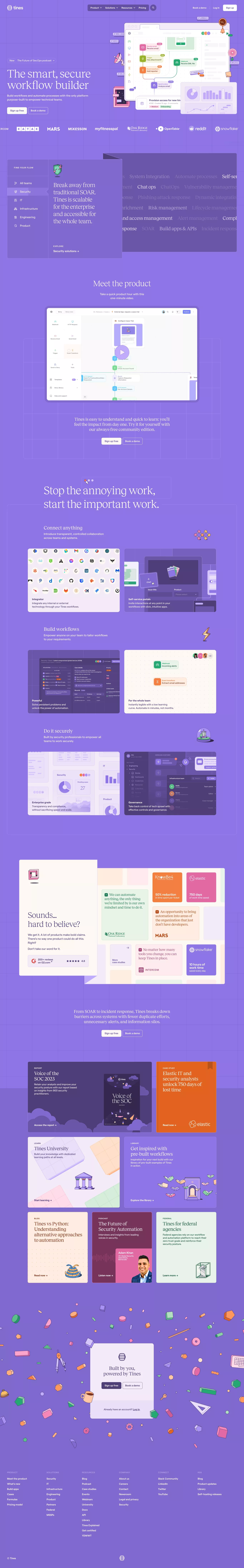 Tines landing page screenshot showcasing Tech design