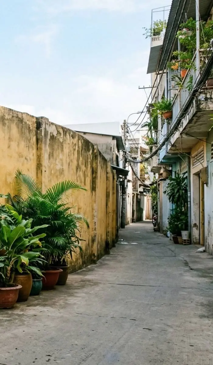 A sunlit, weathered yellow wall in a quiet Ho Chi Minh City alleyway with lush potted Monstera and tropical plants. The image symbolizes resilience, growth, and the peaceful space provided by Huong Tran Marriage and Family Therapy.