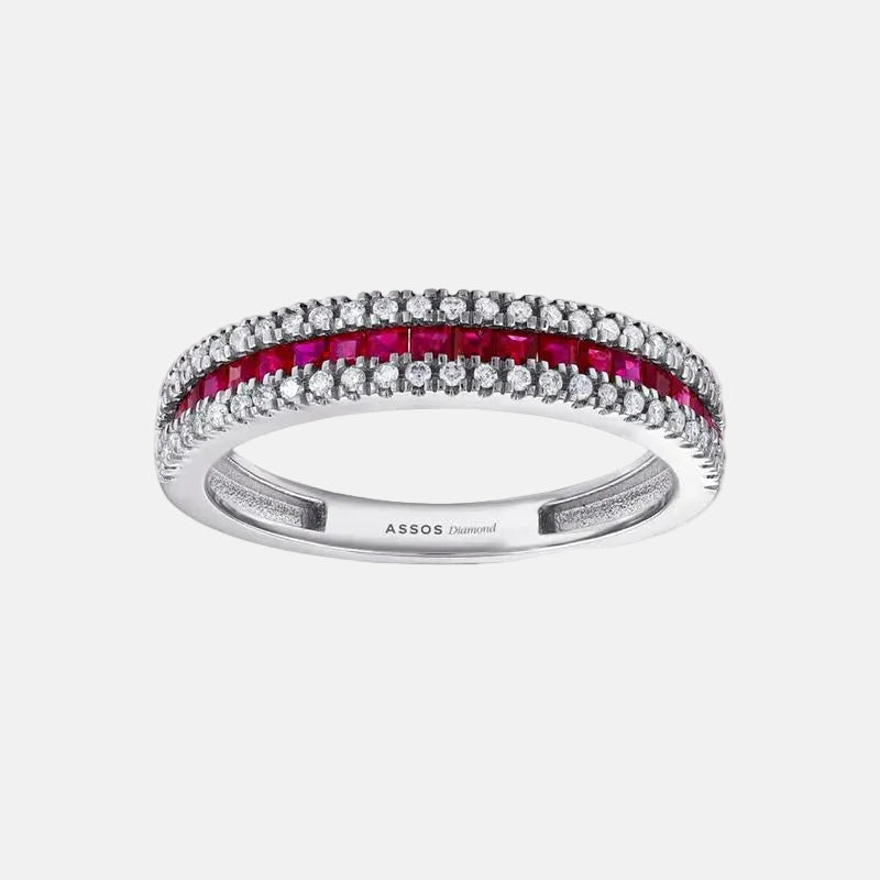 0.21 Karat Pırlanta ve Yakut Taşlı 14 Ayar Beyaz Altın Yüzük