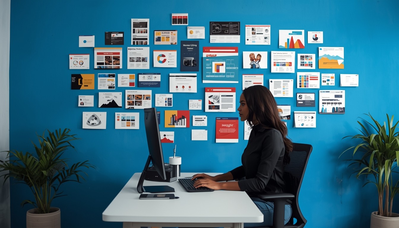 A person sits at a cluttered desk in a dimly lit room, focused on two monitors displaying aerial maps. The walls are covered with various images and notes.
