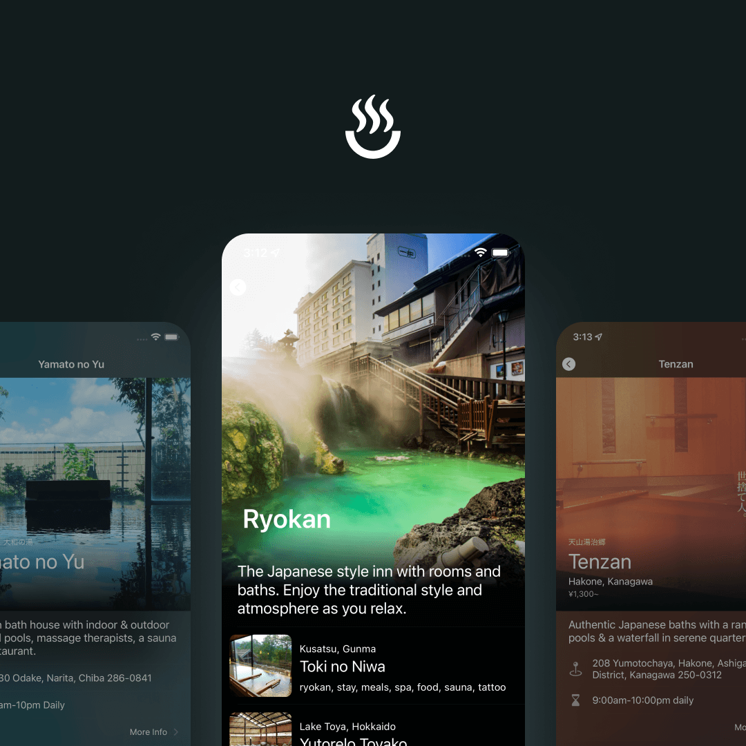 Ofuro app UI design featuring onsen in Japan