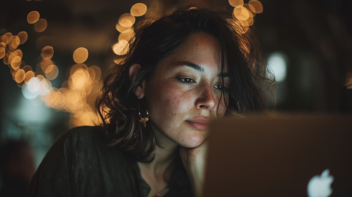 eine frau sitzt an ihrem apple laptop und arbeitet