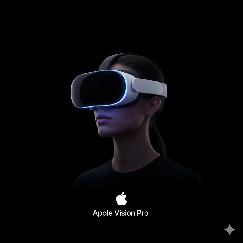 AI-generated Apple Vision Pro product launch commercial featuring white VR headset device on person's head in profile against black background, cutting-edge tech product visualization by Mahendra