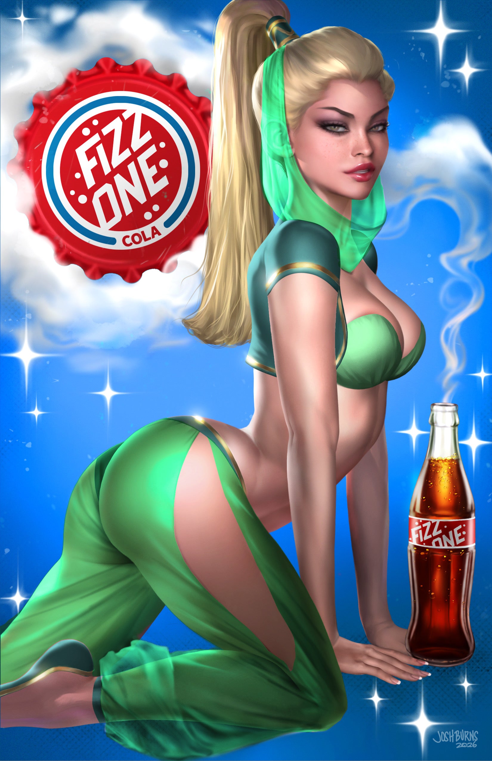 Pop Kill #4 Josh Burns HeroesCon Exclusive Emerald Virgin Variant comic cover featuring vibrant emerald-toned artwork from Mad Cave Studios.