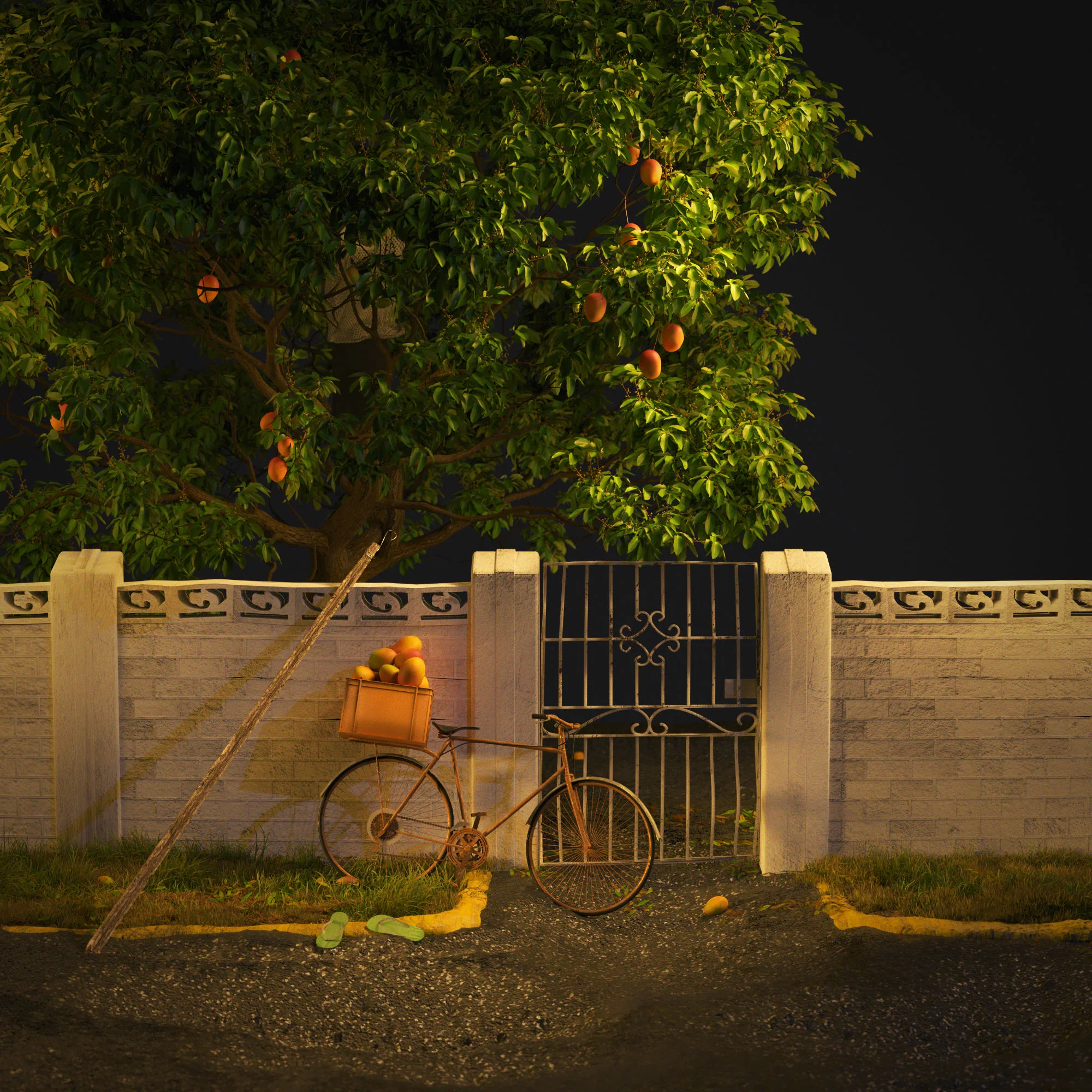 3D render of a nighttime scene featuring a bicycle loaded with mangoes beside a recently raided mango tree and a mango-picking stick leaning against a decorative cement block wall.