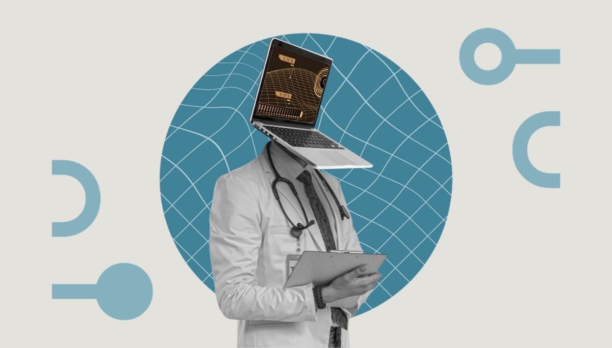 Surreal collage of doctor with laptop head and digital interface, symbolizing computer simulation technology in healthcare.