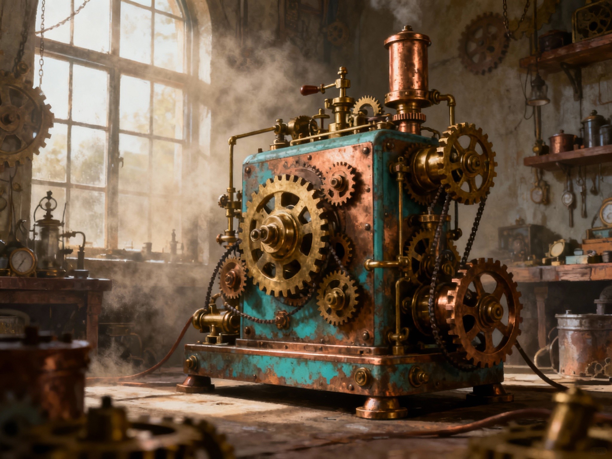An imaginative, fine-art illustration in a format showing a whimsical mechanical brat generator