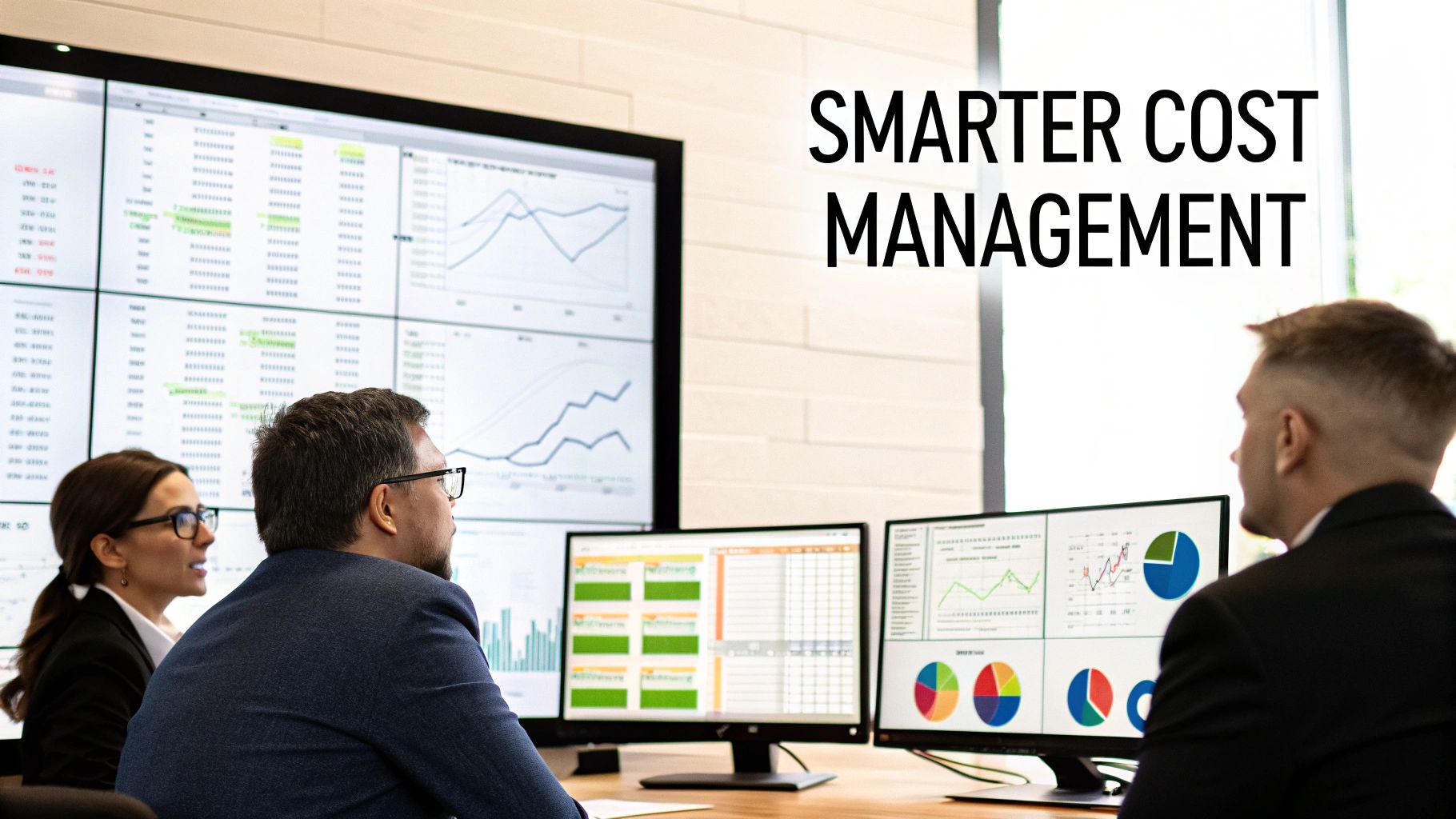 Three business professionals analyze financial data on multiple screens for smarter cost management.