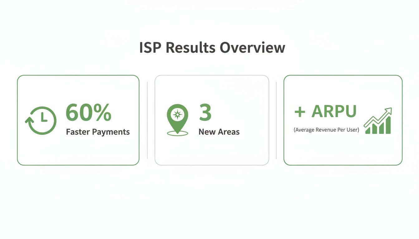 Overview of ISP results showcasing 60% faster payments, 3 new areas, and increased ARPU metrics.