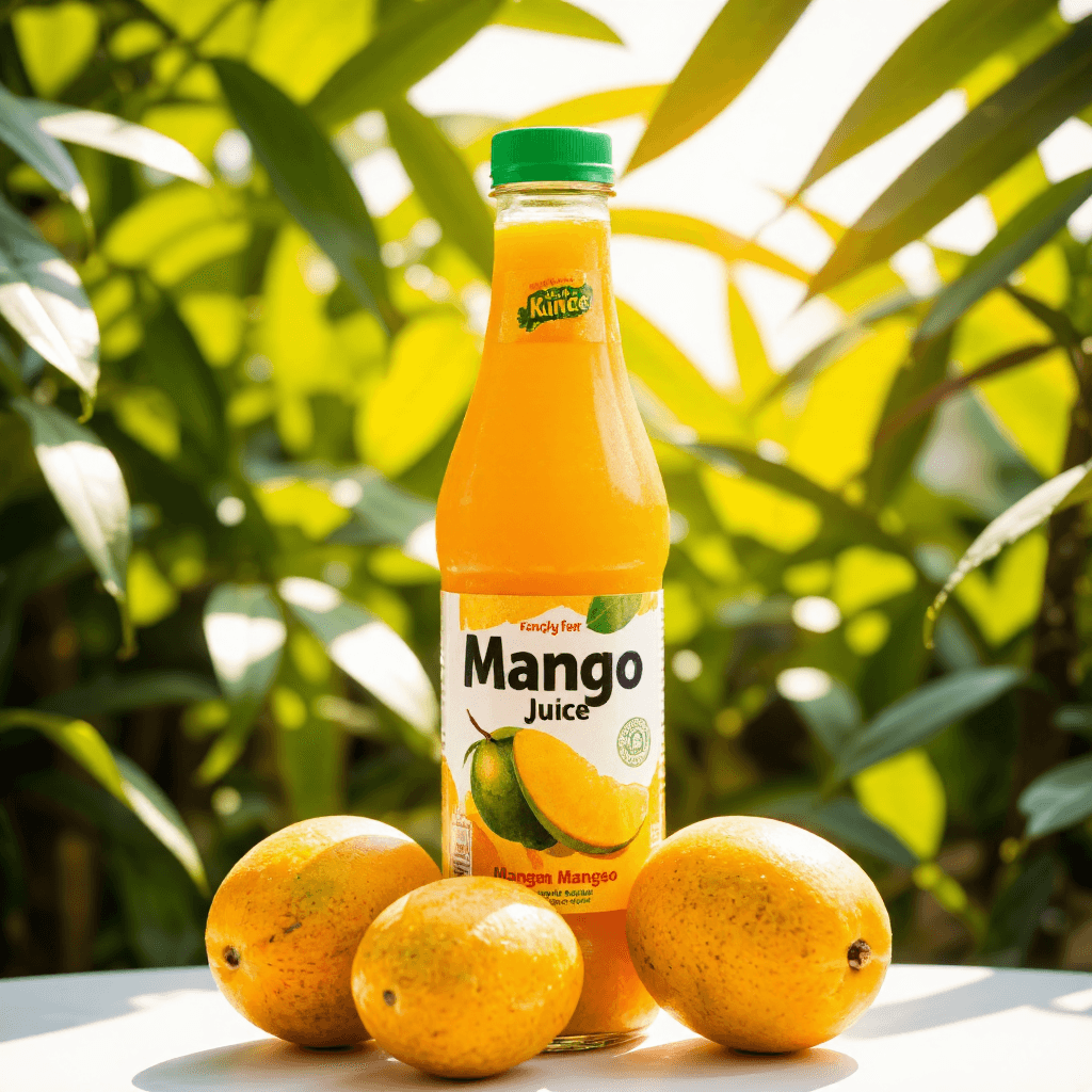 product photography of a bottle of mango juice