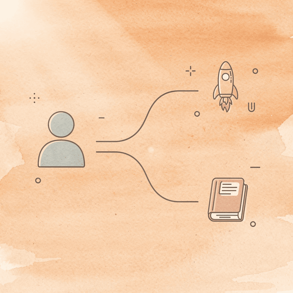 Business icon splitting into growth and decline paths representing market share decisions