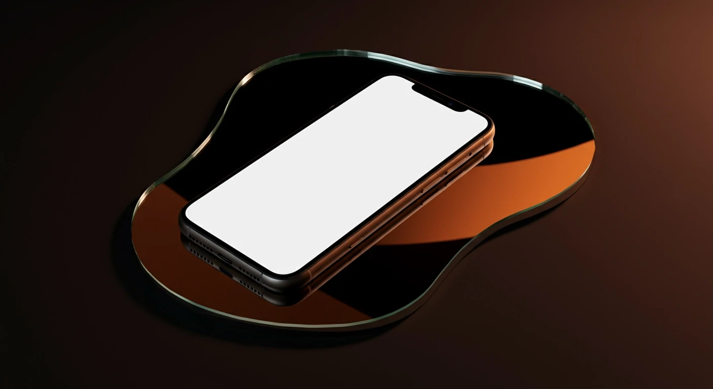 An iPhone 15 with a blank white screen, perfect for mockups, resting on a horizontally laid organic-shaped mirror that softly reflects the brand’s symbol. The mirror has fluid, imperfect edges, evoking a natural and serene aesthetic. Its surface is clean but subtly rippled, creating a gentle distortion in the reflection. The background is dark and poetic, while the lighting is soft and diffused, enhancing the gloss of the mirror and the silhouette of the device with sophistication. The composition places the phone at the center, yet subtly draws the eye to the symbolic reflection. Hyperrealistic product photography style, with a conceptual and sensorial mood — perfect for refined beauty and wellness branding.