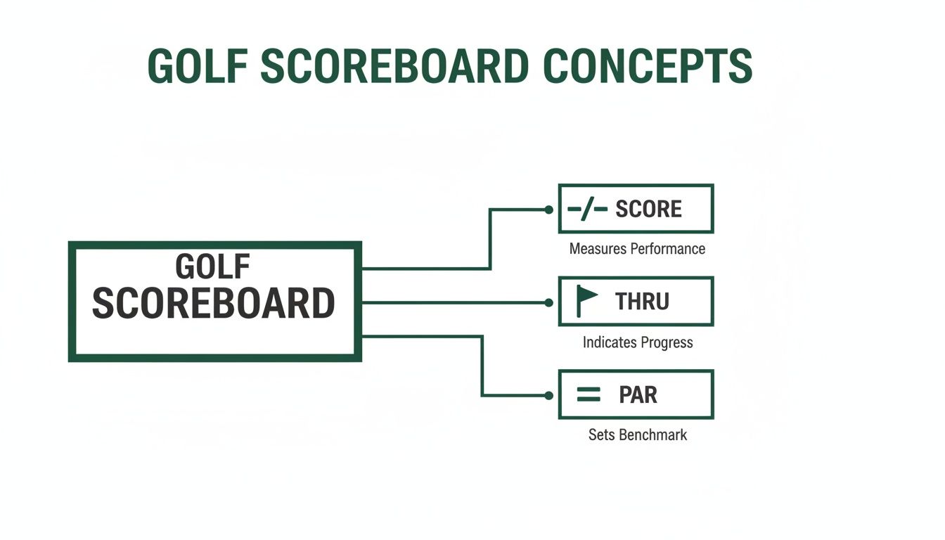 A diagram of golf scoreboard concepts explaining score, thru, and par.