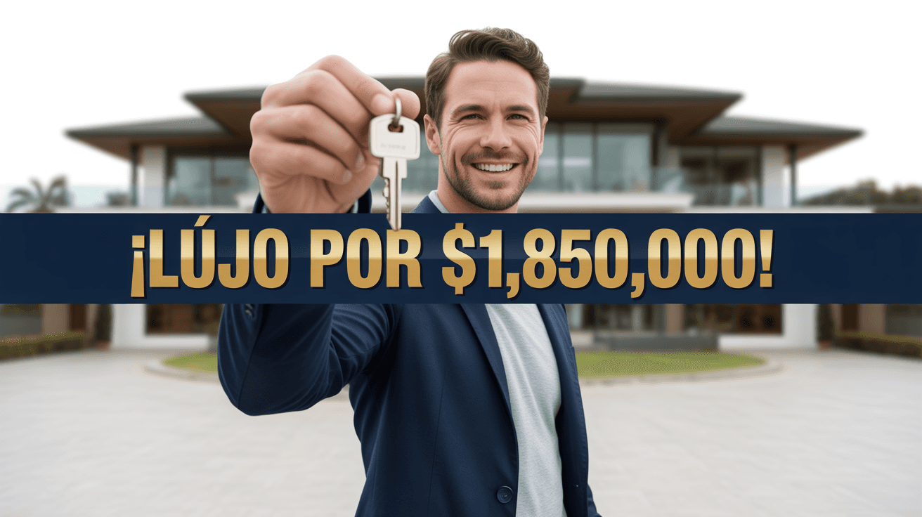 Smiling host holding house keys before modern mansion with LUJO POR $1,850,000! headline