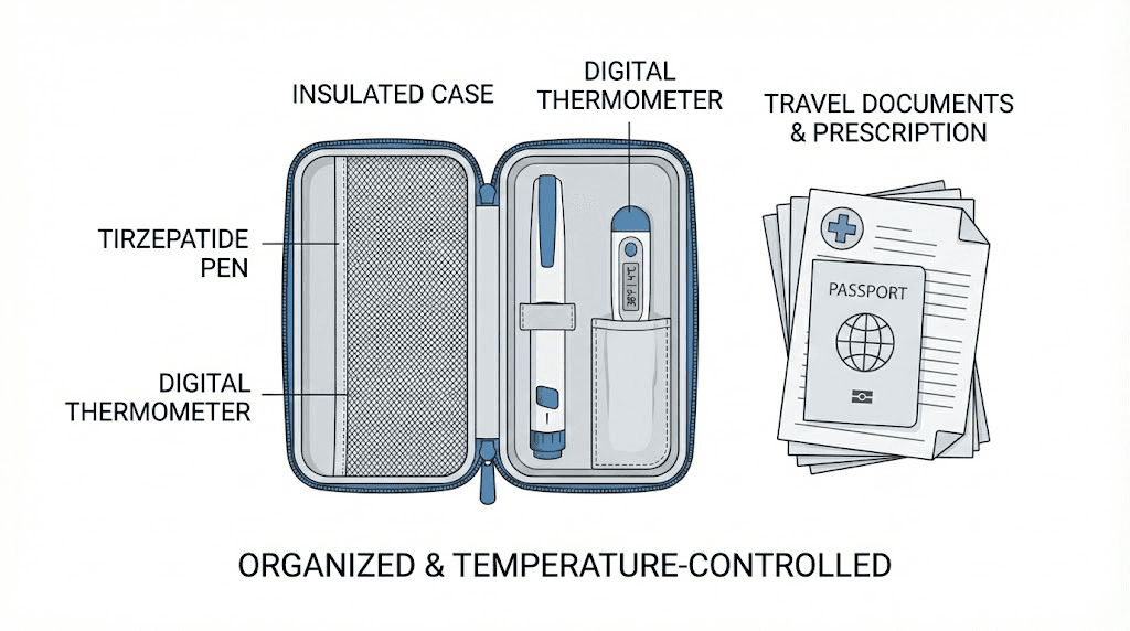 Complete tirzepatide travel storage kit with insulated cooler and accessories