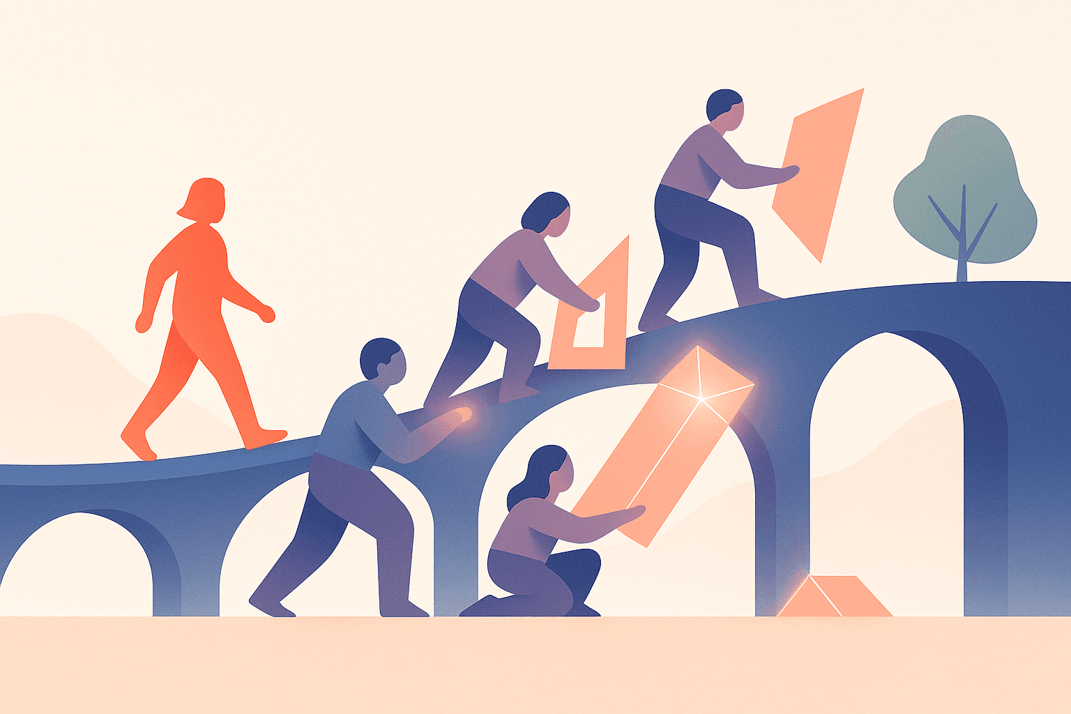 Team members build and strengthen a bridge with geometric blocks as one person walks across it, symbolizing knowledge transfer and continuity during offboarding.