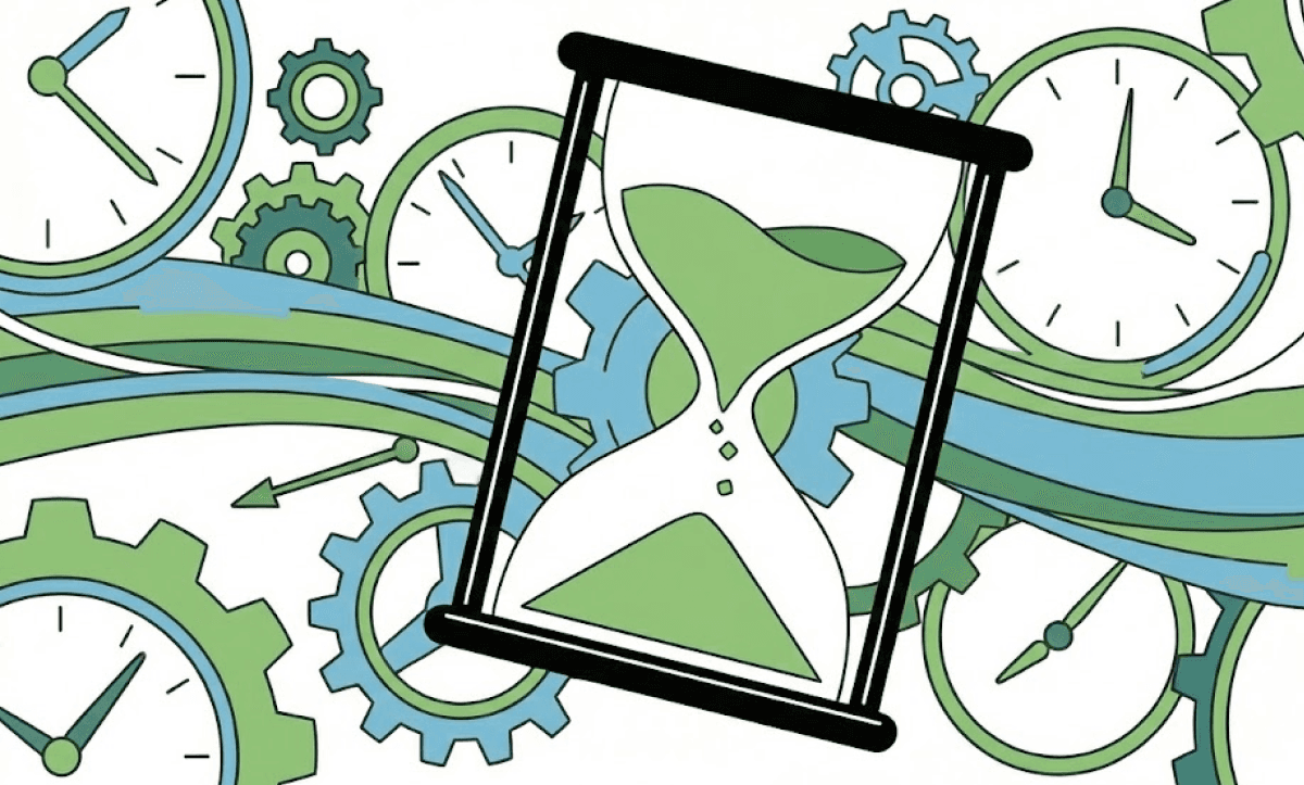 hourglass and clocks in the background, illustrating time saved from editing videos by script using AI