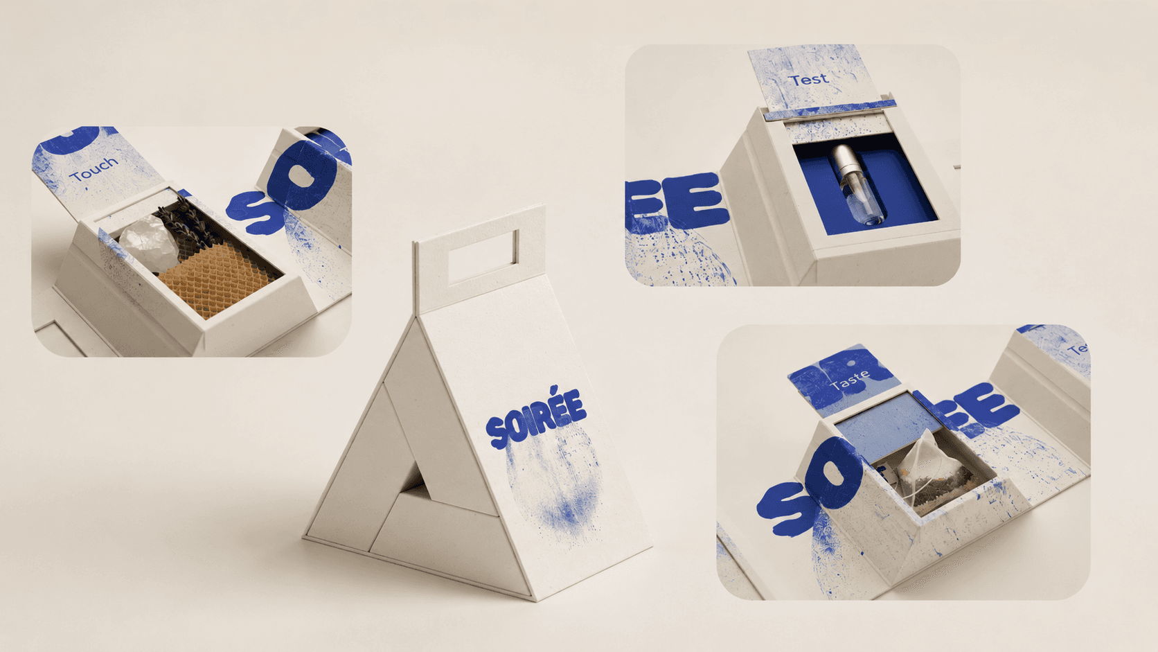 The kit, open: a texture card for touch, a pyramid infusion bag for taste, and the sample vial for test.