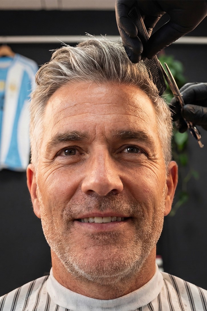 Barber in a striped cape getting a haircut