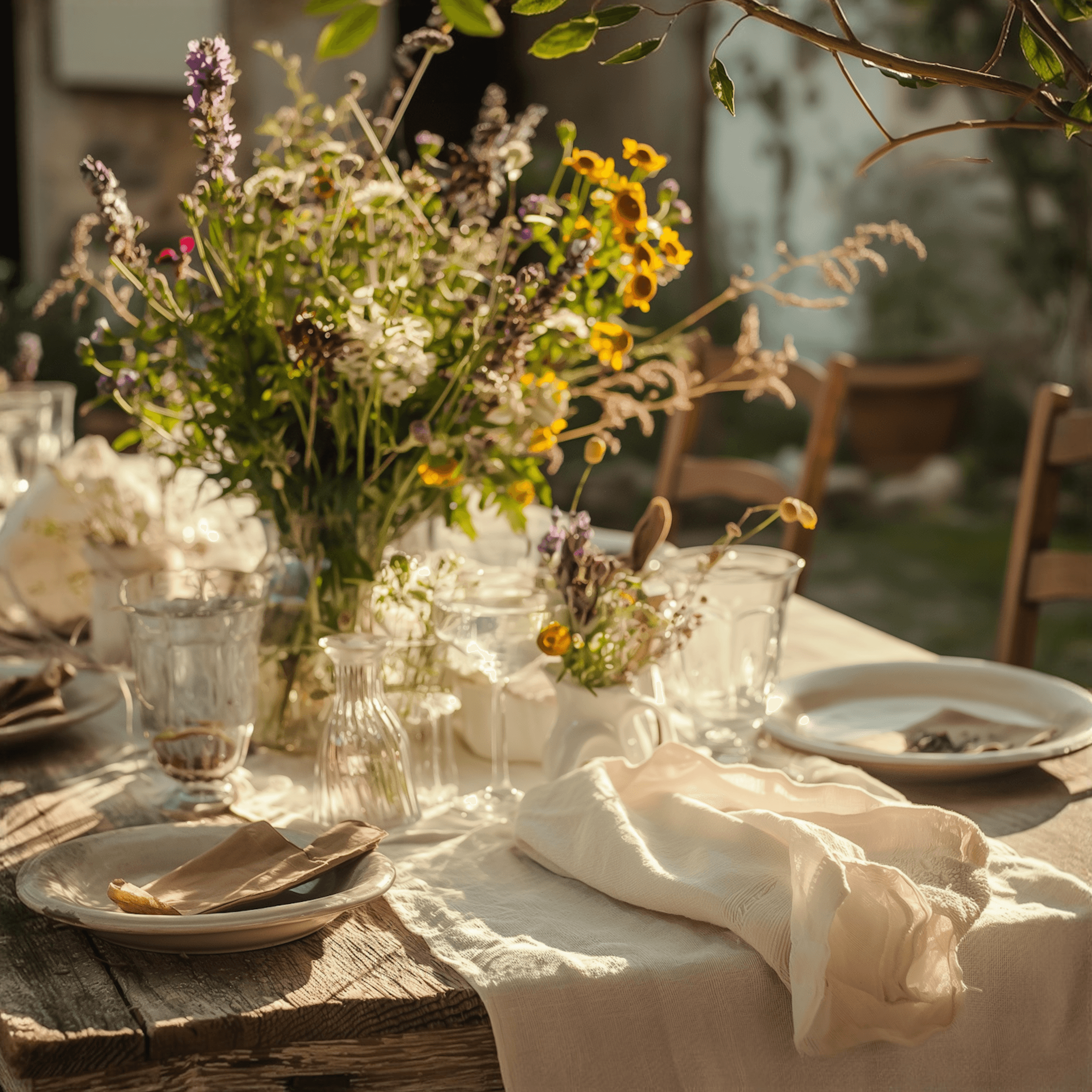 Sunlit outdoor table setting with wildflowers, glassware, and soft linen on a rustic wooden table