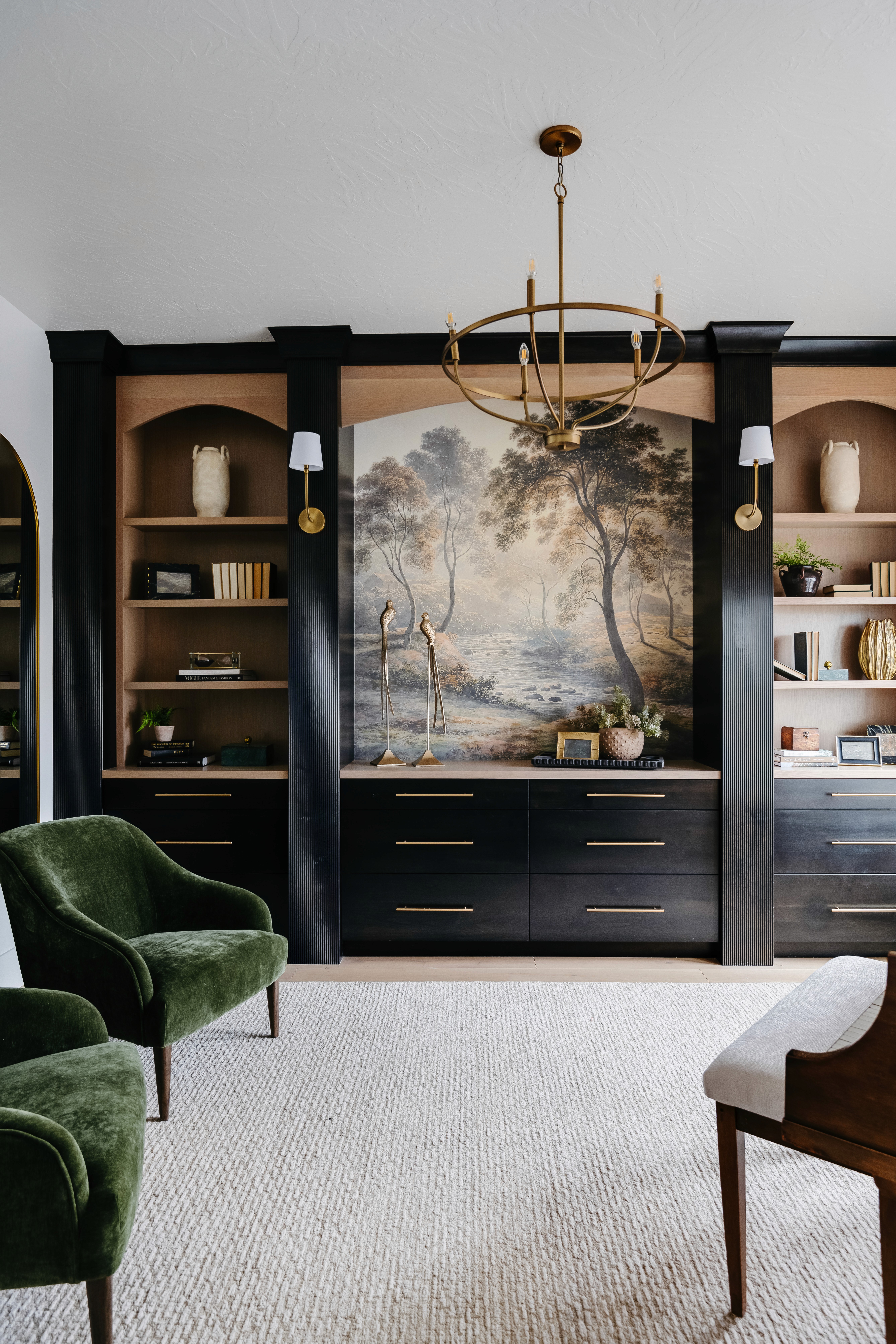 Office space in a Hurricane, Utah custom home with a wallpaper accent, custom cabients, and unique high end finishes.