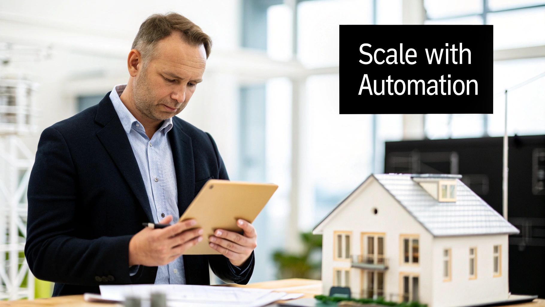 A focused architect reviews designs on a tablet, with a model house and 'Scale with Automation' text in an office.