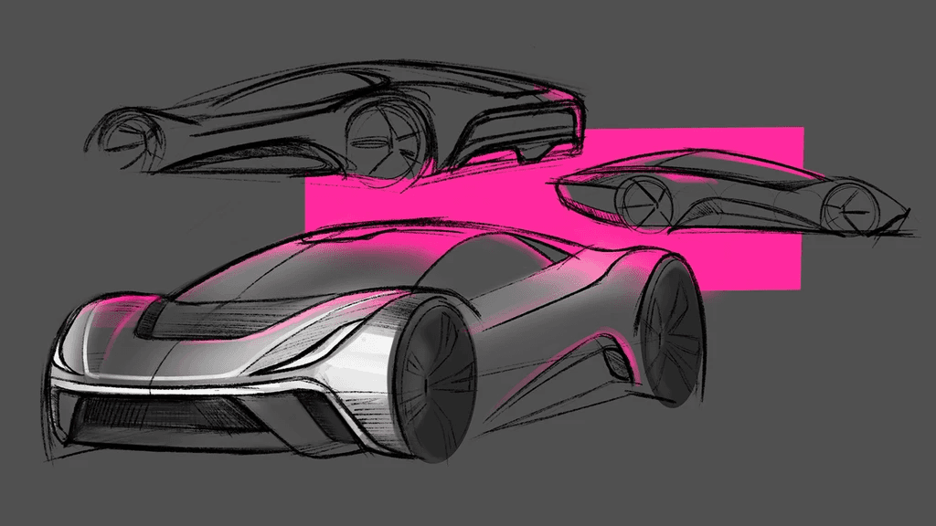 Hand-drawn sports car design sketches layered over a bright pink rectangle