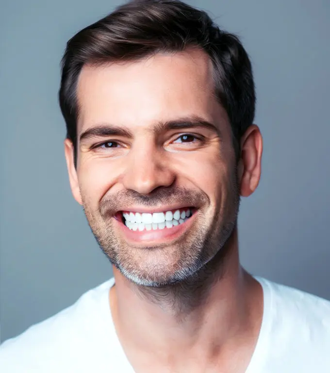 Close-up portrait of a smiling man with dark hair and a white t-shirt.
