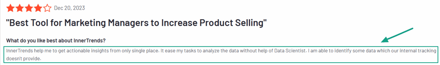 User review highlighting actionable insights and centralized analysis in InnerTrends