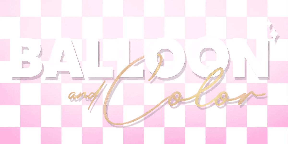 Luxury balloon décor and event styling on a pink checkered background with elegant gold script accents.