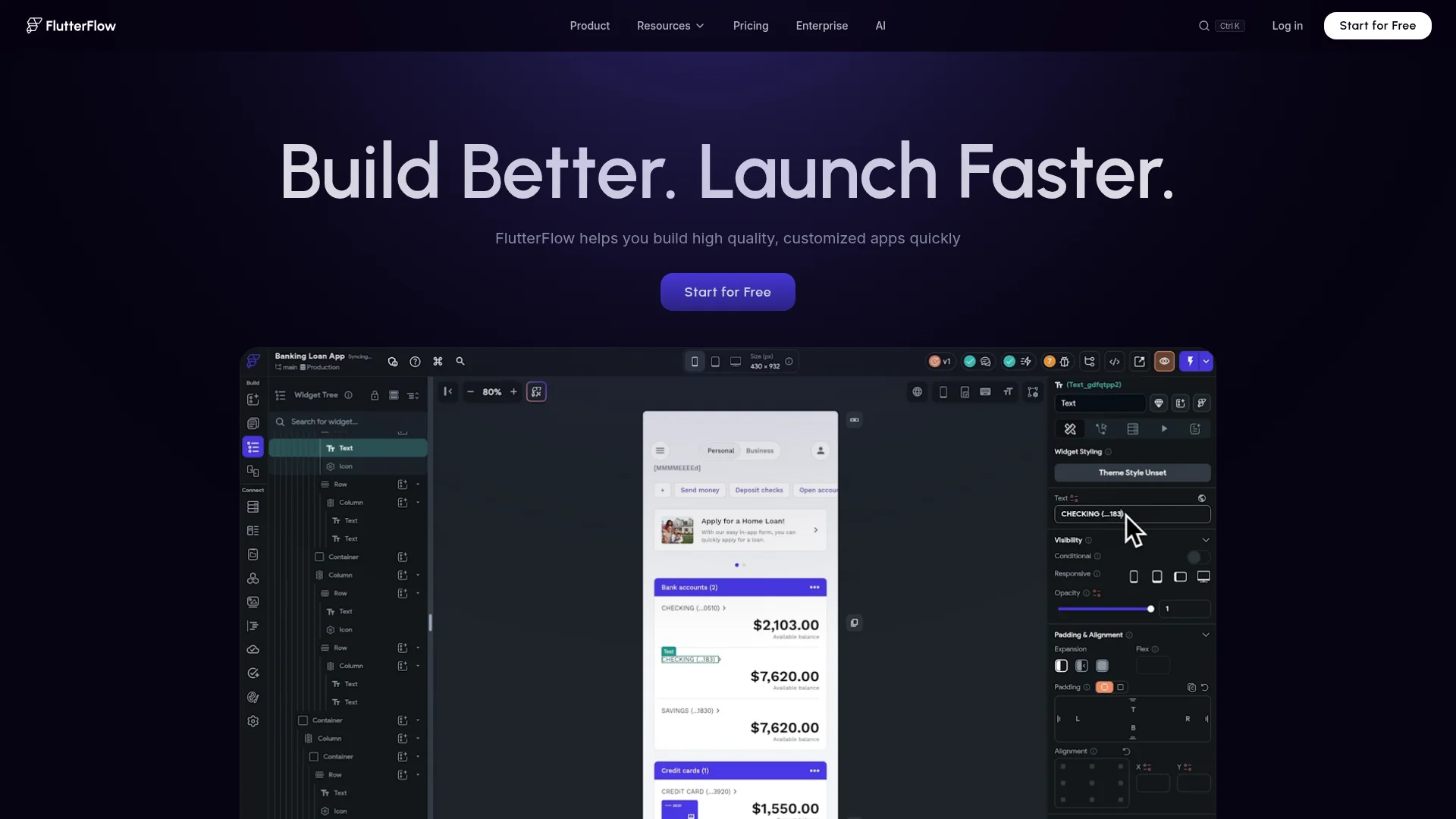 FlutterFlow homepage showing its visual app builder