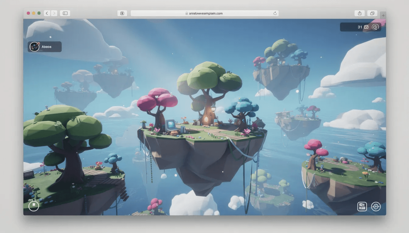 The image depicts a vibrant 3D game environment featuring floating islands and stylized trees, all rendered within a browser window, showcasing the possibilities of game development and vibe coding. This colorful scene invites viewers to imagine the fun and creativity involved in creating software through natural language prompts and AI tools.