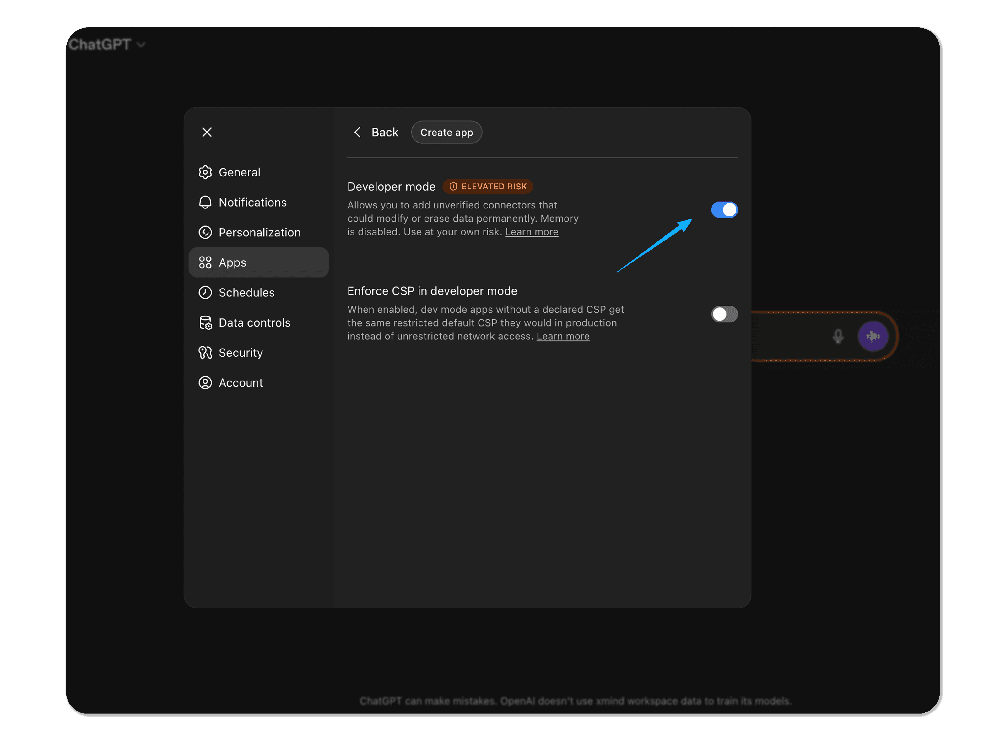 ChatGPT Advanced settings page to enable the Developer mode.