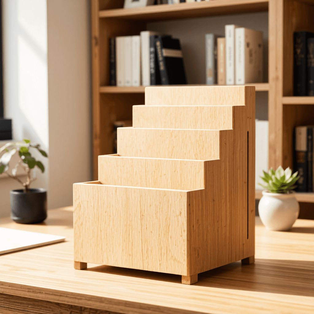 product photography of a wooden organizer with multiple slots for holding items, possibly for office or home use