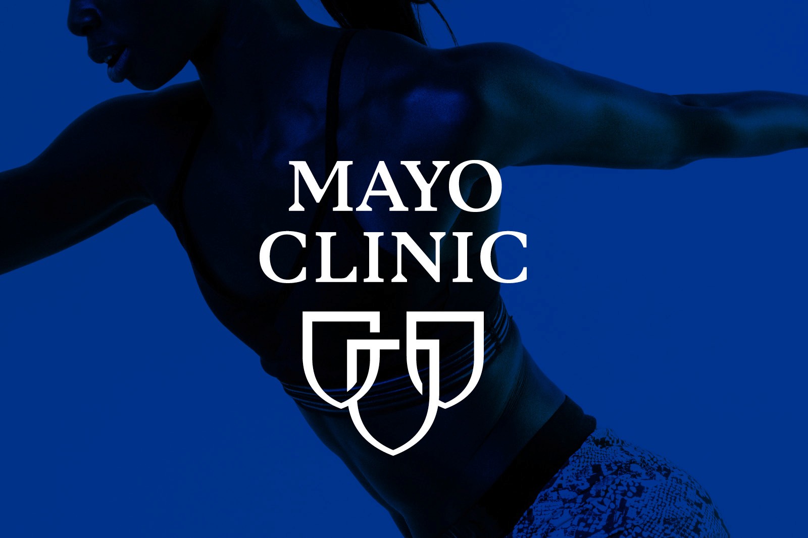 Mayo Clinic logo over a blue background with a silhouette of a person in motion.