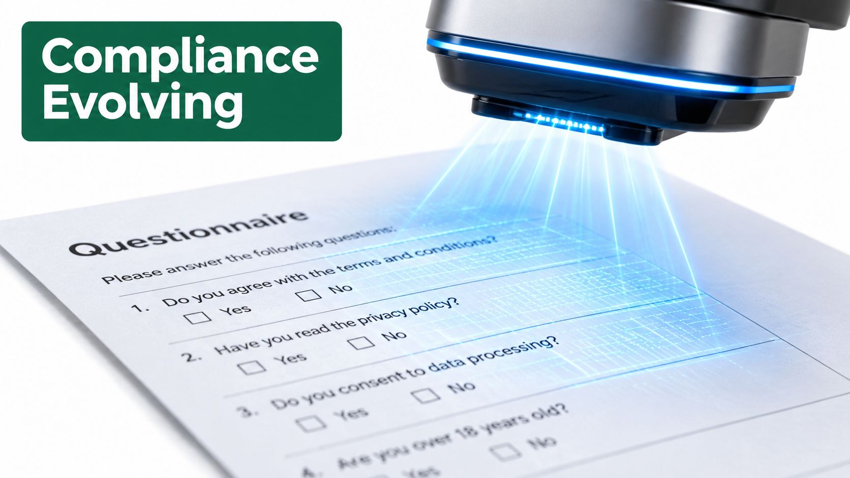 A document questionnaire being scanned by a high-tech light device representing modern compliance and data processing.