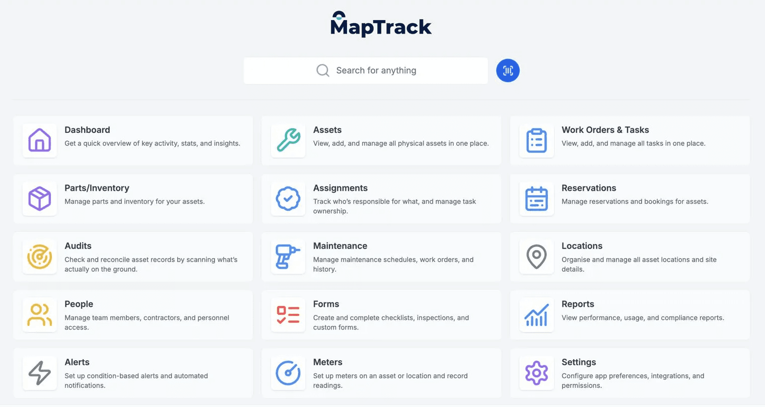Asset management dashboard view in the MapTrack desktop application.