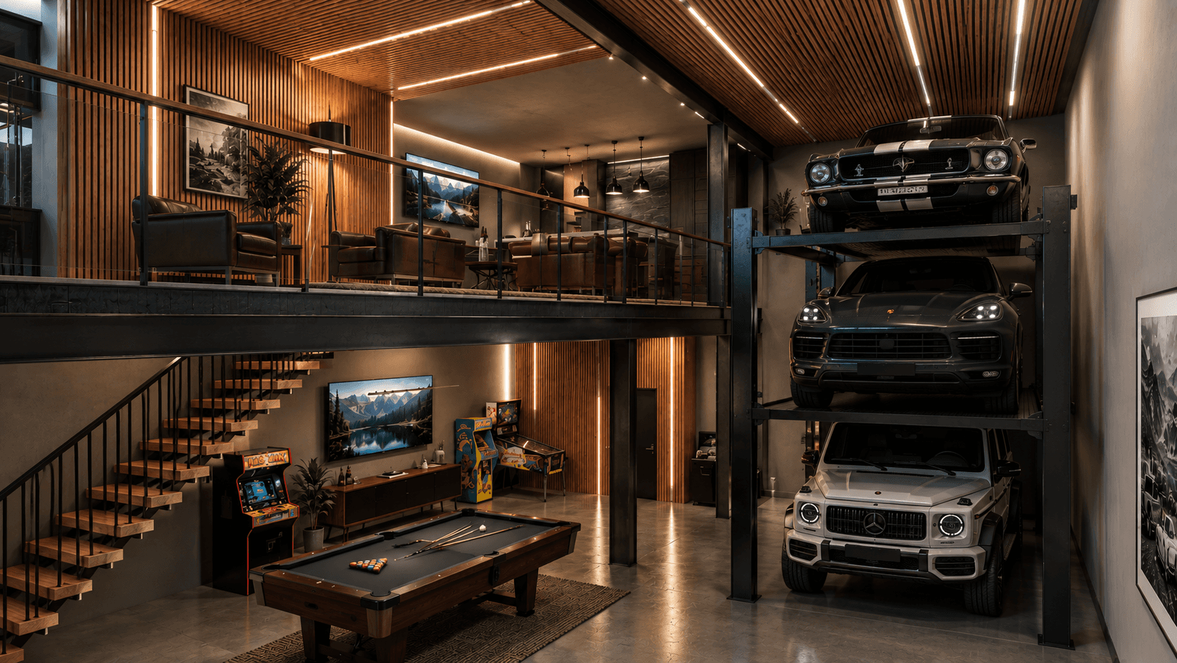Private garage interior with mezzanine lounge, pool table, games, and vehicle storage