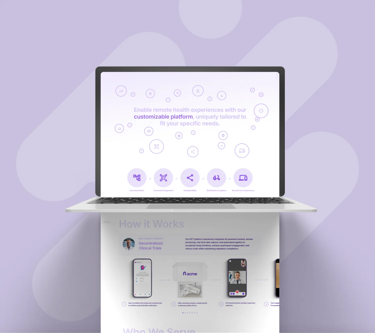 Safe Health website pages extending below a laptop on a lavender background.