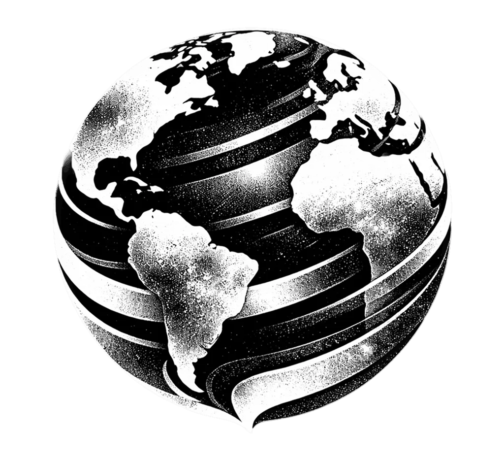 Black-and-white abstract globe by Beroz Studio, showcasing swirling patterns symbolizing digital design and interface concepts.