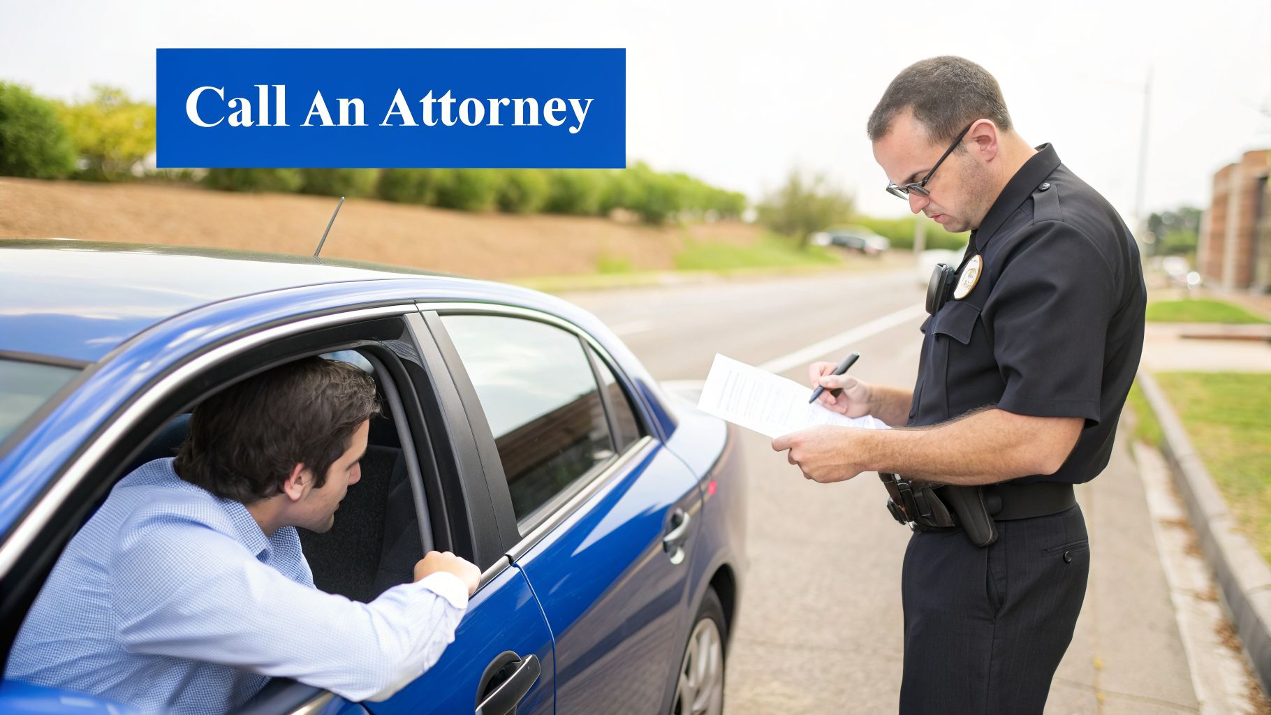 Police officer issuing a ticket to a male driver in a blue car, with text overlay advising to call an attorney.