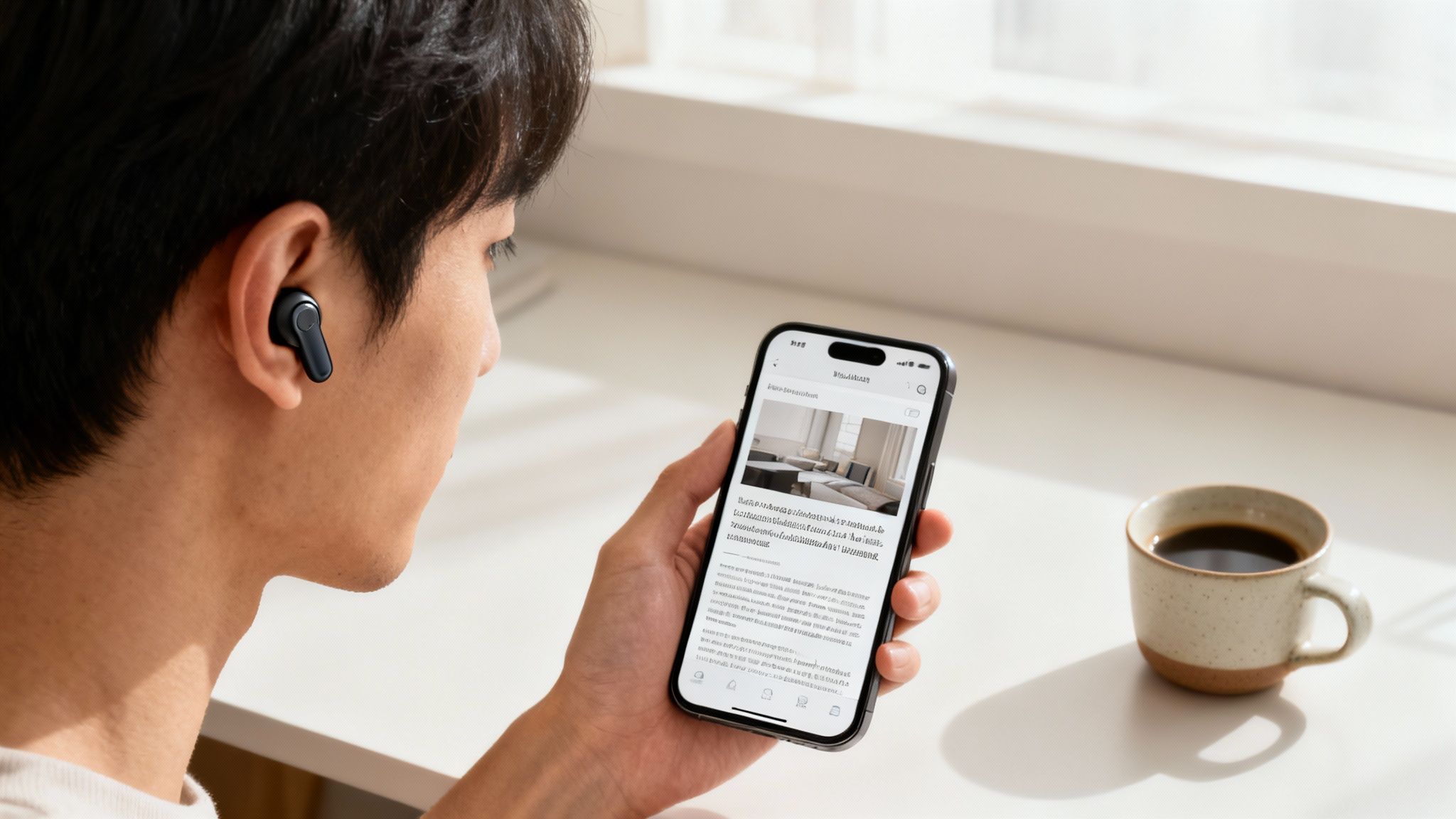 Speak4Me – A person wearing headphones and listening to audio from a smartphone, with sound waves emanating from the screen.